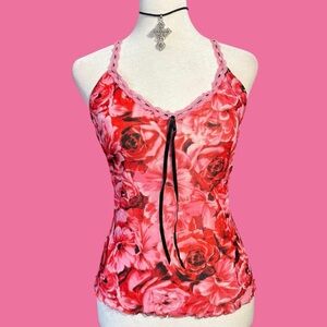Jennifer Lopez Pink and Red Floral Lace-Trim Camisole